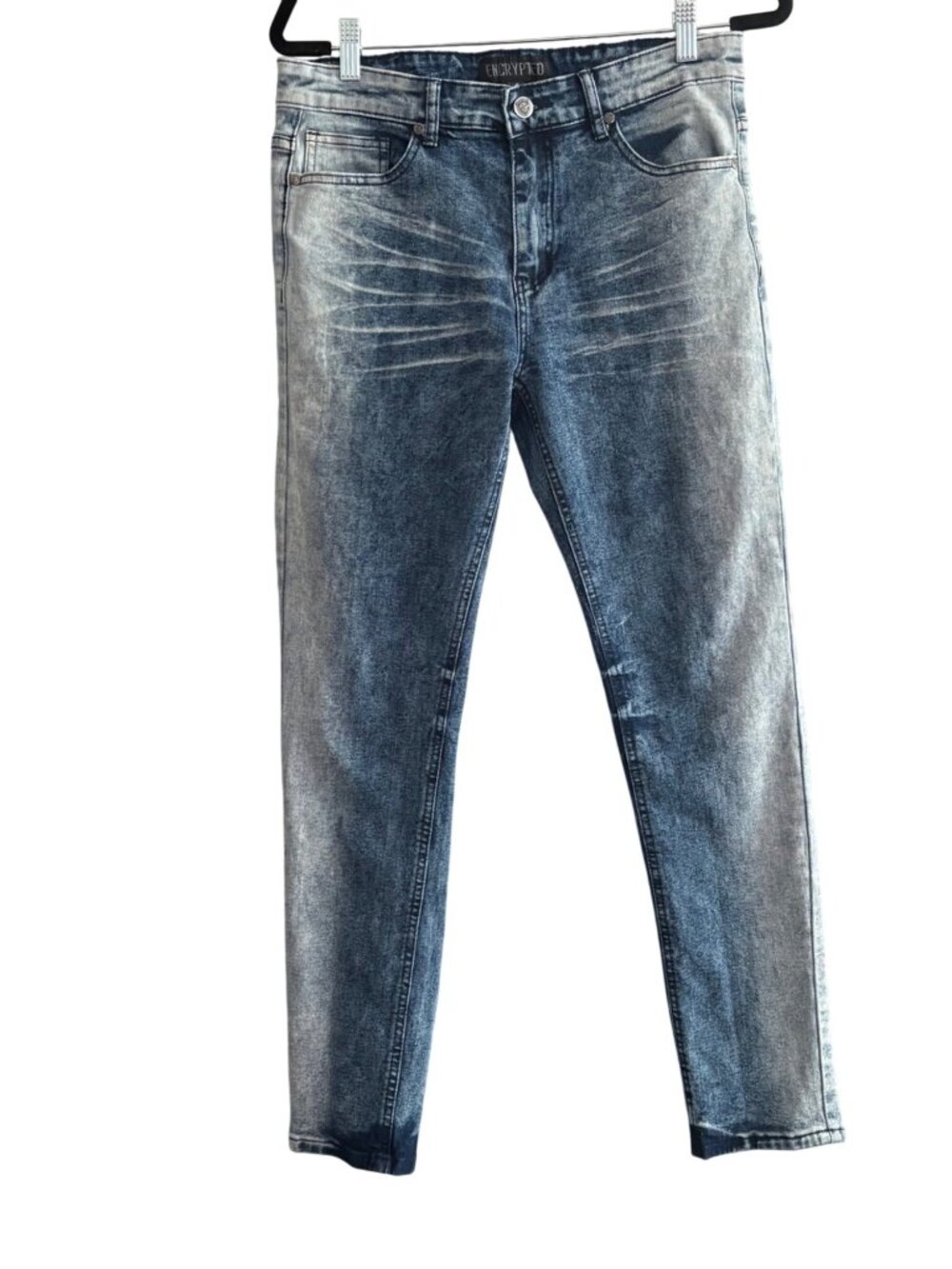 Encrypted Mens Edgy Blue Denim Punk Distressed Slim Fit Streetwear Jeans 32x32